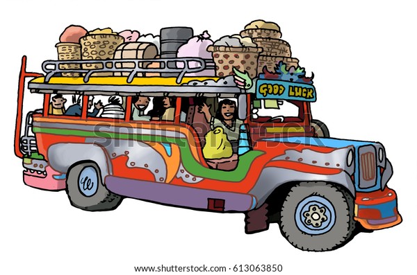 フィリピンで見つかったジプニー型バスの漫画のイラスト 世界中の都市や地方で見られる多くのカラフルなバスに似ている のイラスト素材