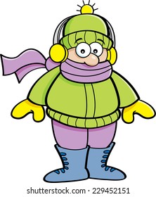 Cartoon illustration of a kid wearing Winter clothing.