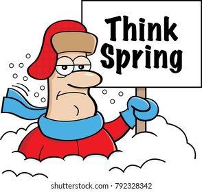 Cartoon Illustration Of A Man Buried In Snow Holding A Think Spring Sign.