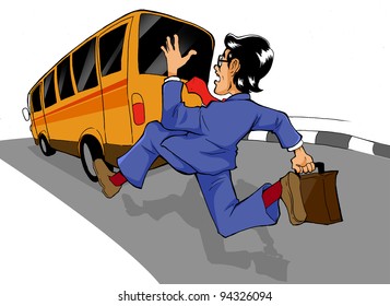 Cartoon Illustration Of A Man Chasing A Bus