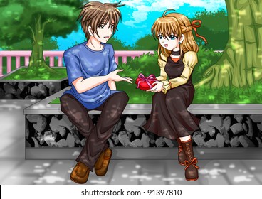 Cartoon illustration man giving girl present