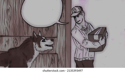 Cartoon Illustration Of A Man Wearing A Baseball Cap And Carrying A Box, Talking With A Very Big Dog. With Empty Speech Bubble.