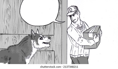 Cartoon Illustration Of A Man Wearing A Baseball Cap And Carrying A Box, Talking With A Very Big Dog. With Empty Speech Bubble.