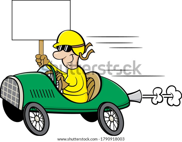 Cartoon illustration of a man\
wearing a helmet and goggles driving a race car and holding a\
sign.