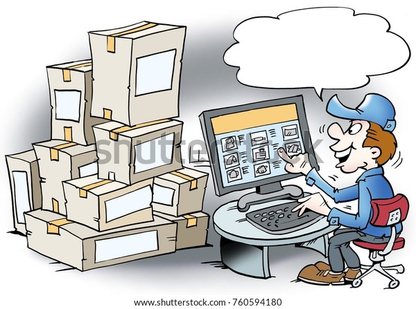 Cartoon illustration of a mechanic who order\
goods over the\
internet