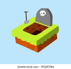 Cartoon Illustration - Nice Grave Isometry. A Gravestone With A Skull Pit. Green Grass, Shovel. Item Of The Funeral.
