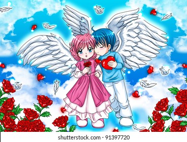 Cartoon illustration pair angels the clouds  perfect for any Valentine's Day illustration needs