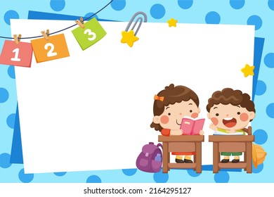 Cartoon illustration of a paper sheet frame with school kids sitting in a classroom on dotty blue background. Design for back to school - Powered by Shutterstock