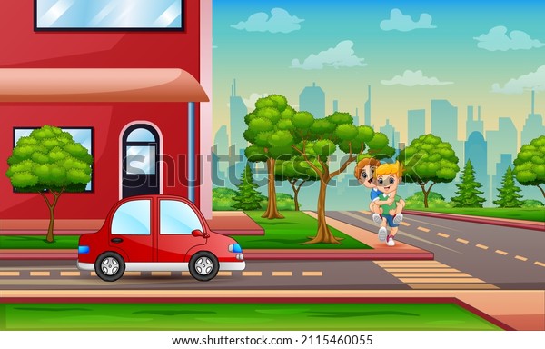 Cartoon illustration of people walking through\
urban suburbs