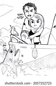 Cartoon illustration of a person holding another person that is scared and pointing at an angry shark that is coming out of the water. On the background there is a seagull and a man with shades.