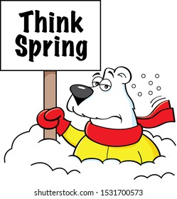 Cartoon Illustration Of A Polar Bear Holding A Sign While Buried In Snow.