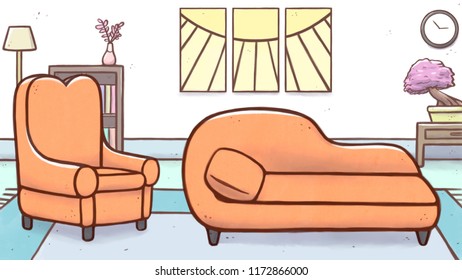 Cartoon Illustration Of A Psychologist Therapy Room With An Armchair And Couch On Foreground.