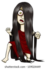 Cartoon illustration scary woman figure and long hair