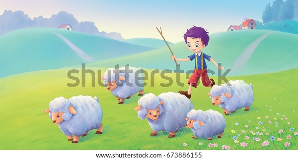 漫画のイラスト 牧草地の羊飼いの少年 のイラスト素材 673886155