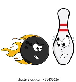 Cartoon Illustration Showing An Angry Bowling Ball And A Pin Afraid Of Being Hit