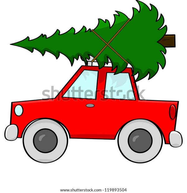 Cartoon illustration showing a car with a pine tree\
tied to its roof