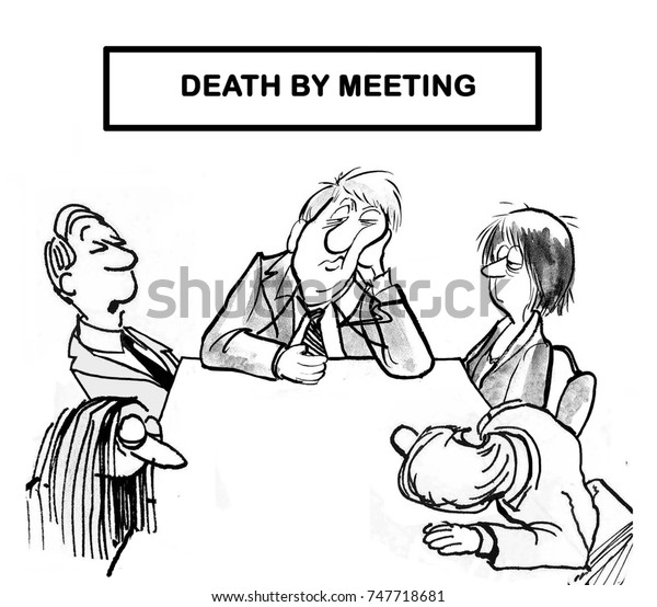 Cartoon illustration\
showing five business people who are dead or asleep in a meeting,\
\'death by\
meeting\'.
