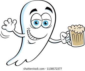 Cartoon Illustration Of A Smiling Ghost Holding A Beer.