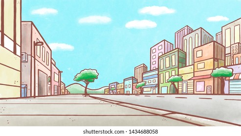 Cartoon Illustration Of A Street In Low Angle Perspective. City And Buildings On Background.