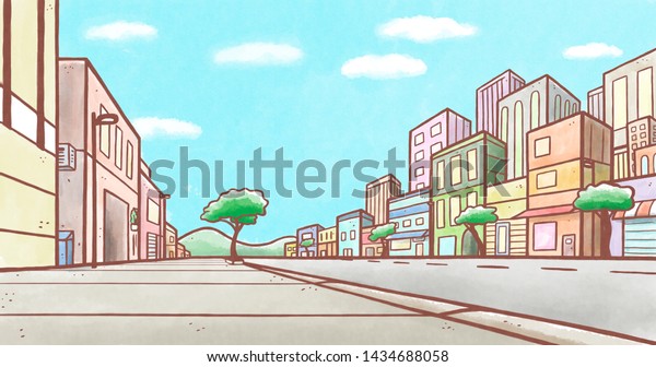 低い角度の遠近法での道のイラスト 背景に都市と建物 のイラスト素材