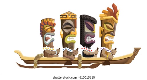 Cartoon Illustration of a Tiki family of tiki heads paddling in a canoe