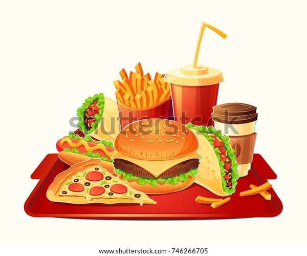 ハンバーガー ホットドッグ ピザ フライドポテト タコ テイクアウトコーヒー コーラ 白い背景に伝統的なファストフードのセットの漫画のイラスト 看板 バッジ ステッカー タグ のイラスト素材