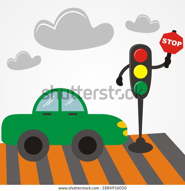cartoon\
illustration of traffic lights with car\
stopped.