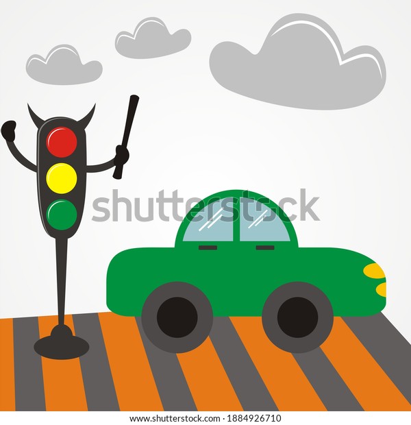 cartoon illustration of a\
trafficc light with a car crashing and running through a traffic\
light.