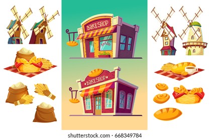  cartoon illustration of two bakeries with various facades and signboards, a set of icons for a bakery freshly baked bread, wheat ears, flour bags, windmills - Shutterstock ID 668349784