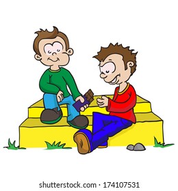 Cartoon Illustration Of Two Boys Sharing Chocolate