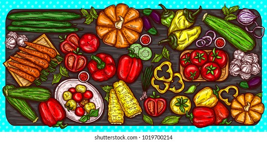  cartoon illustration of various vegetables whole and sliced on a wooden background. Bright poster with organic food - Powered by Shutterstock