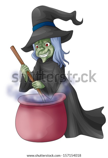 Cartoon Illustration Witch Stirring Concoction Cauldron のイラスト素材