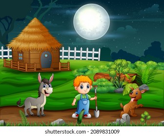 Cartoon Illustration Of Young Farmer Working At Night