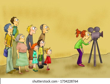 A Cartoon Illustration Of Young Film Maker Girl Shooting A Scene With Her Camera, Not Aware Of The Curious Crowd Behind Her