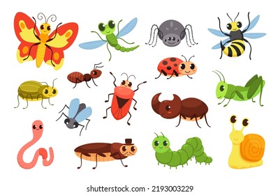 Cartoon Insects. Happy Bugs, Cute Little Beetle And Smiled Caterpillar. Wildlife Insect  Illustration Set Of Fly And Bug, Insect Character. Fly And Bug, Insect Of Character Wildlife