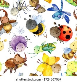 cartoon insects seamless pattern. watercolor beetle hand drawn illustration