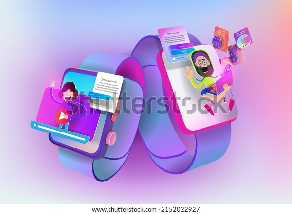 Cartoon\
interface on smart watch screens. 3d\
illustration