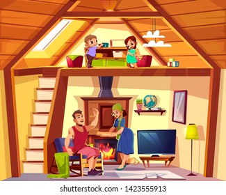 Cartoon Interior Of House With Happy Family, Children Play On Attic, Man And Woman In Living Room. Cozy Duplex Background. Cross Section Of Home, Crest. TV Set, Furniture, Fireplace In Hall.