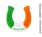 Cartoon Irish Horseshoe, Good Luck. Cartoon sticker with contour. Decoration for greeting cards, posters, patches, prints for clothes, emblems for St. Patrick day. Similar JPG copy