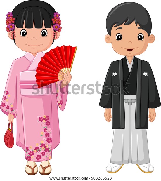 Cartoon Japanese Couple Wearing Traditional Costume Stock Illustration ...