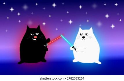 Cartoon Jedi Cats Fight With Swords In Space