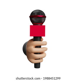 cartoon journalist hands holding black microphone isolated on white background. 3d render