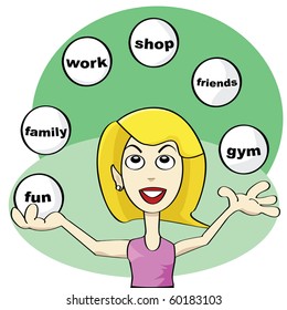 Cartoon Jpeg Illustration Showing A Young Woman Juggling Balls Trying To Achieve Balance In Modern Life: Fun, Friends, Work, Shop, Family, Gym