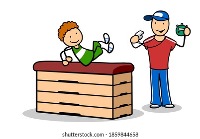 Cartoon Kid Jumping On Vaulting Box Next To PE Teacher During Physical Education Class In Elementary School