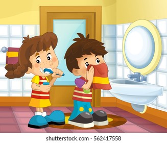 Cartoon kids in the bathroom - boy and girl - wiping face with a towel and brushing teeth - illustration for children - Powered by Shutterstock