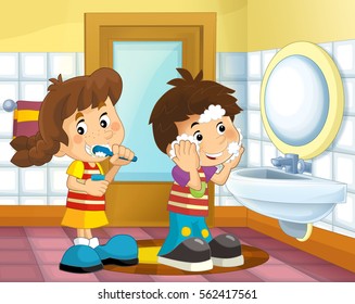 Cartoon kids in the bathroom - boy and girl - washing face and brushing teeth - illustration for children - Powered by Shutterstock