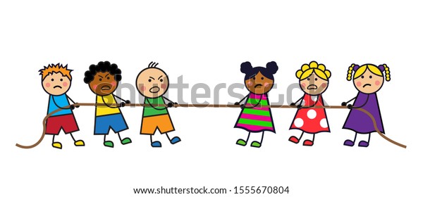 Cartoon Kids Boys Girls Pull Rope Stock Illustration 1555670804