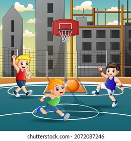 Cartoon Kids Playing Basketball On The Court