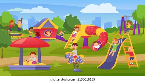 Cartoon Kids Playing On Playground In Summer Park Or Kindergarten. Happy Children On Slide Or Swing, Boy Play In Sandbox  Illustration. Outdoor Activities For Playful Pupils In Camp