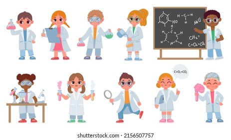 Cartoon Kids In Robes Do Chemistry Experiment, Children Scientists. Biological Students Do Laboratory Test. Kid Science Education  Set. Boys And Girls Holding Tubes With Liquid